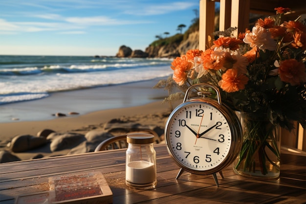 Пляжная обстановка с пиксельным наложением часов передает управление временем в безмятежной атмосфере.