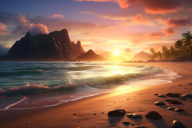 A beach setting with a sunset and a mountain in the background