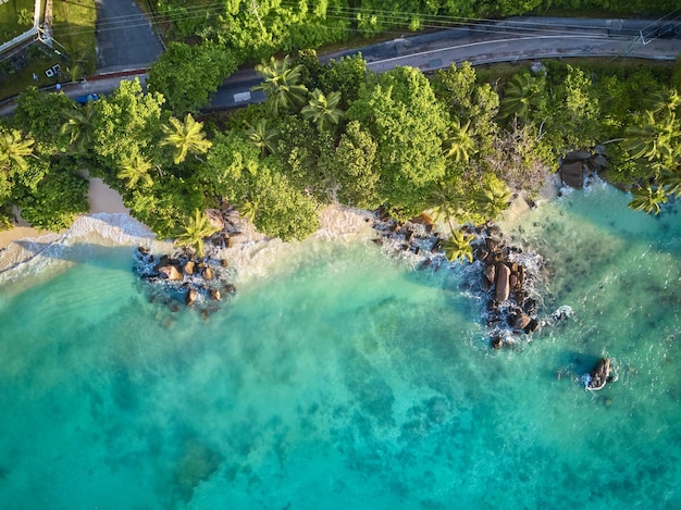 Beach at Seychelles aerial top view