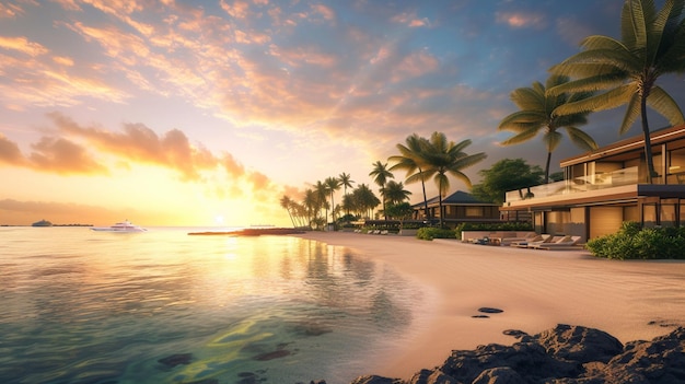 Сцена на пляже с лазурными водами, пальмами и золотым закатом Солнца