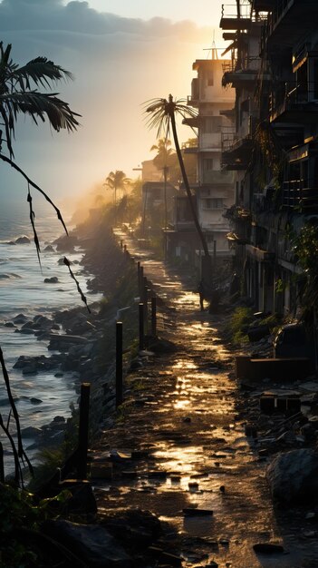 a beach side walk with buildings and a body of water