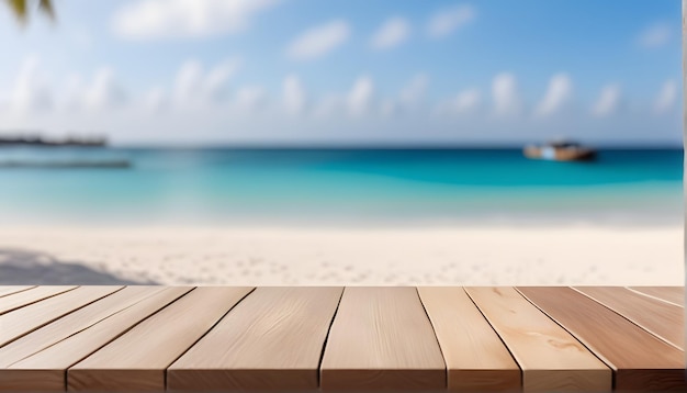 beach and sky with wooden table