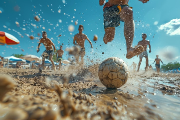 Photo beach soccer team kicking sand