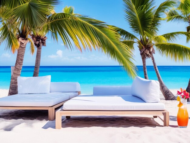 Foto divano da spiaggia e tavolo con cocktail sotto le palme