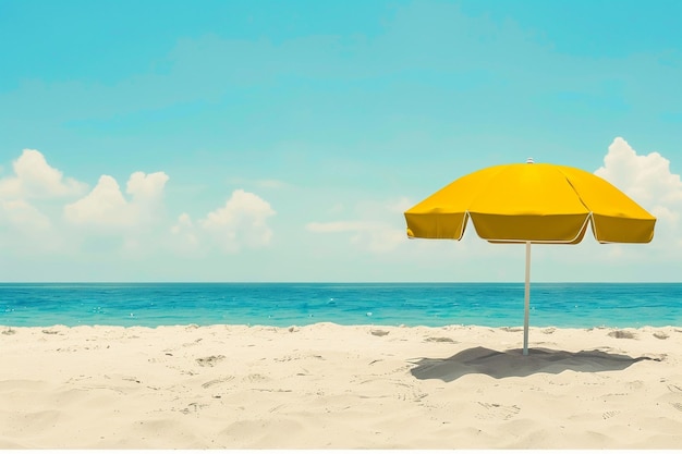 A beach striped umbrella stands alone in the background of blue sky and sand