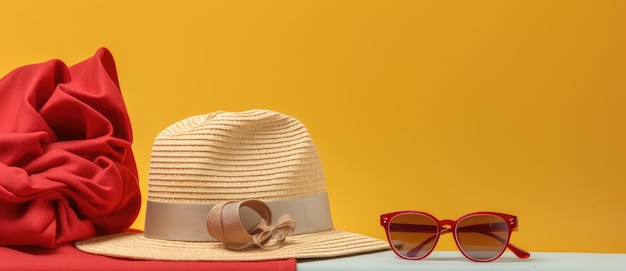 Beach summer holidays vacation travel accessories and fashion on sand and blue background including mobile phone camera plane passport hat and flip lop created with generative ai technology