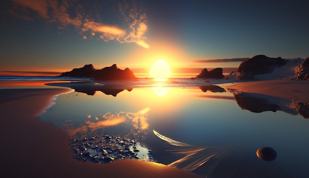 Beach Sunrise Reflections Een prachtige zonsopgangscène Generatieve AI