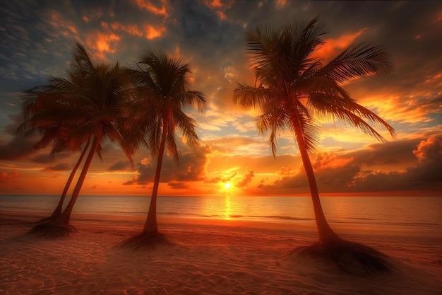 写真 パームの木の下のビーチの日の出