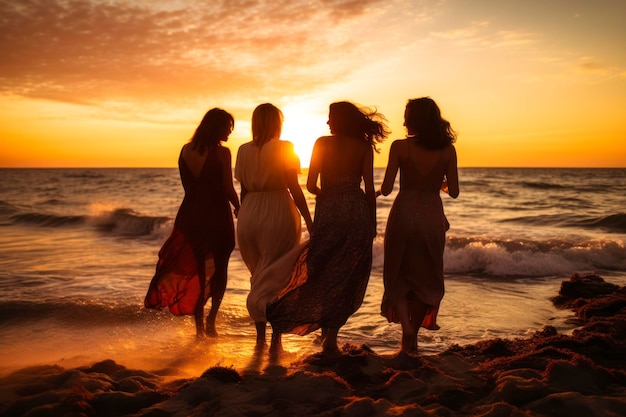 Beach sunset gathering women enjoying each others company laughter harmonizing with the waves