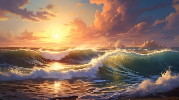 Beach sunset sea wave wallpaper AI Generated art