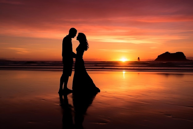 Beach Sunset Silhouette Romantic Couple Generative By Ai