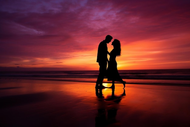 Photo beach sunset silhouette romantic couple generative by ai