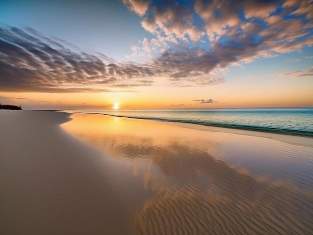 A beach at sunset with a beautiful sky and clouds