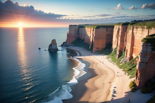 A beach at sunset with a cliff in the background