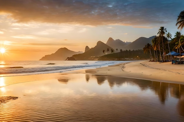 A beach at sunset with mountains in the background