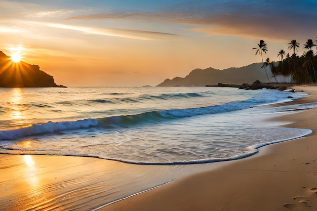 A beach at sunset with a palm tree in the foreground