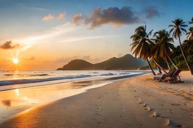 A beach at sunset with a palm tree in the foreground