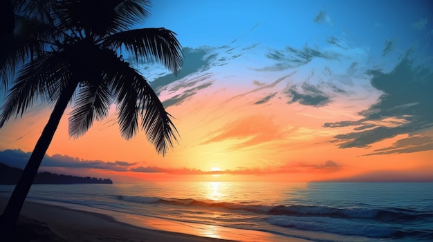 A beach at sunset with a palm tree in the foreground.