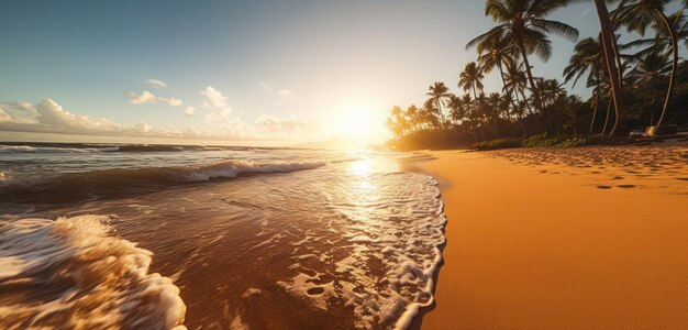 A beach at sunset with palm trees in the background