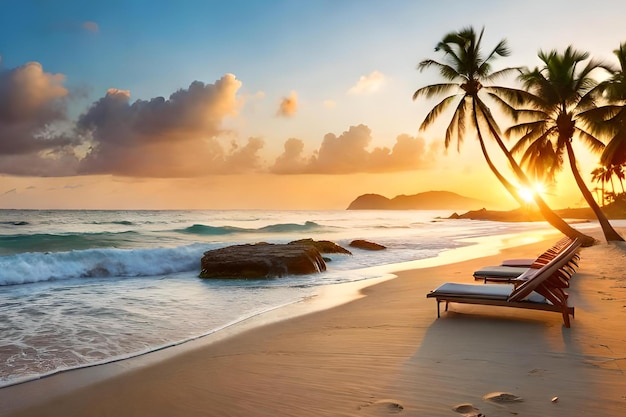 A beach at sunset with palm trees and a beach chair on the sand