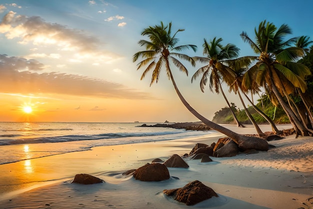 A beach at sunset with palm trees on the beach