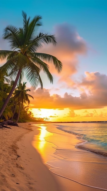 A beach at sunset with palm trees on the beach