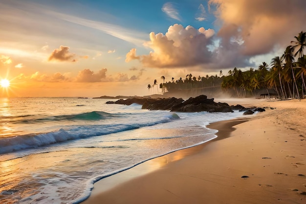 A beach at sunset with palm trees and a cloudy sky