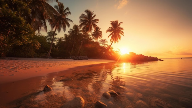 A beach at sunset with palm trees in the foreground.