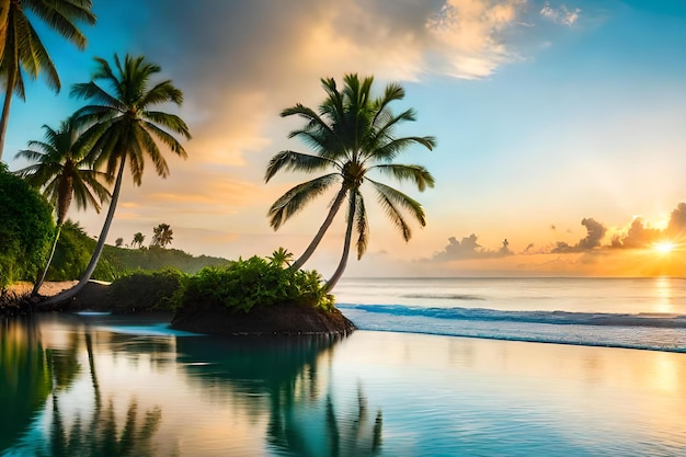 A beach at sunset with palm trees and ocean in the background