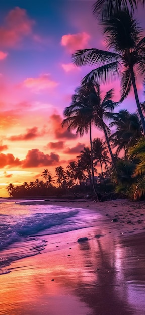 A beach at sunset with palm trees and the sky is purple.