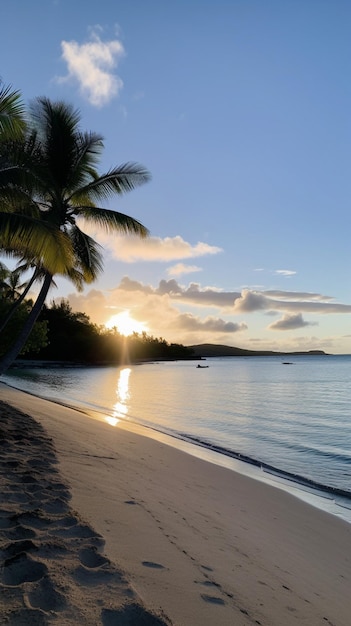 A beach at sunset with palm trees and the sun setting in the background