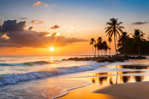 A beach at sunset with palm trees and the sun setting over the ocean.