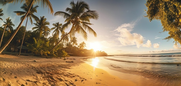 A beach at sunset with palm trees and the sun setting