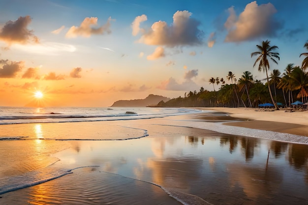 A beach at sunset with palm trees and a sunset in the background