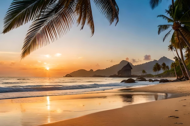 A beach at sunset with palm trees and a sunset in the background