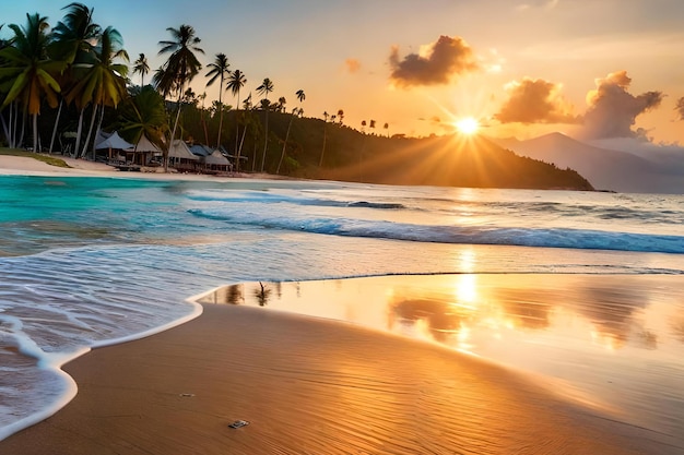 A beach at sunset with palm trees and a sunset in the background