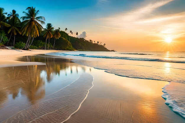 A beach at sunset with palm trees and a sunset in the background