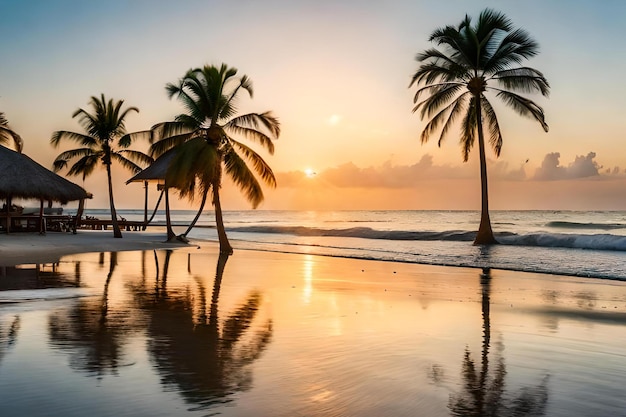 A beach at sunset with palm trees and a sunset in the background