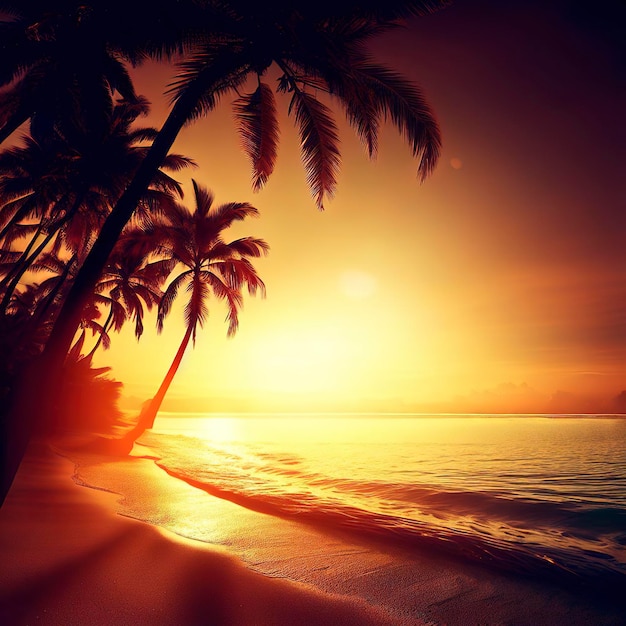 A beach at sunset with palm trees and a sunset in the background