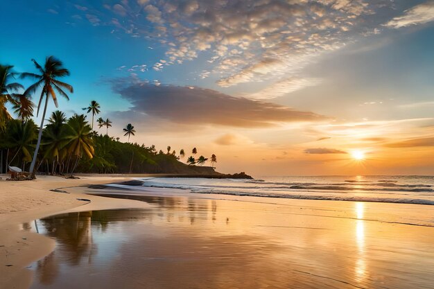 A beach at sunset with palm trees and a sunset in costa rica