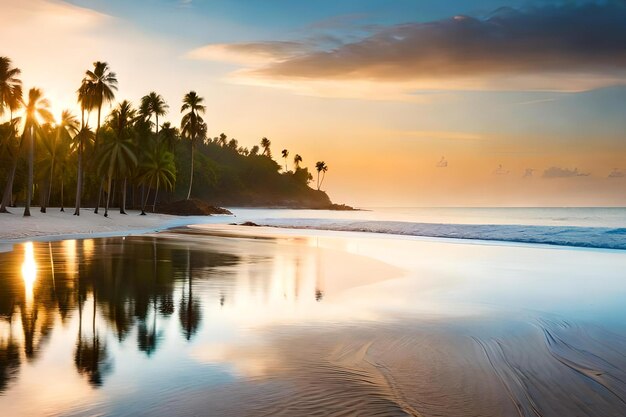 A beach at sunset with palm trees and a sunset in costa rica