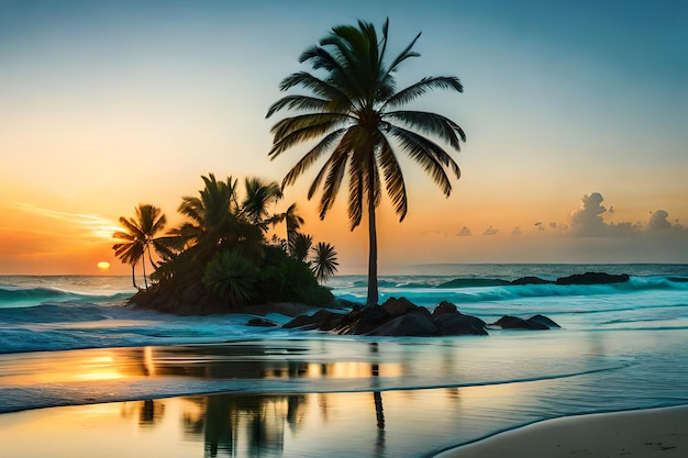 A beach at sunset with palm trees and a sunset