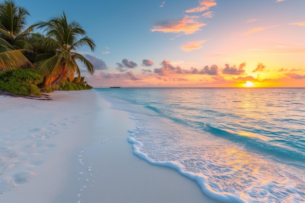 Beach sunset with palm trees