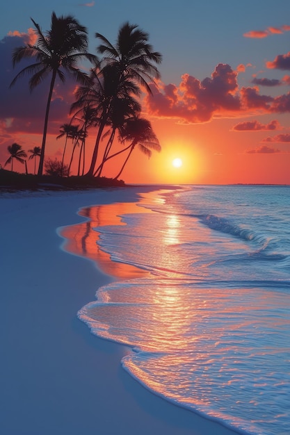 Beach sunset with palm trees