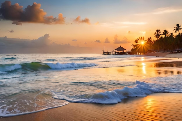 A beach at sunset with a pier in the background