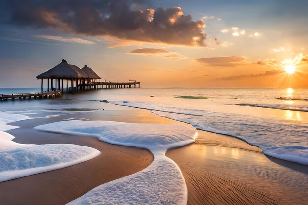 A beach at sunset with a pier and a sunset in the background