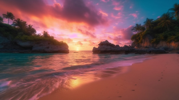 A beach at sunset with a pink sky and palm trees in the background.