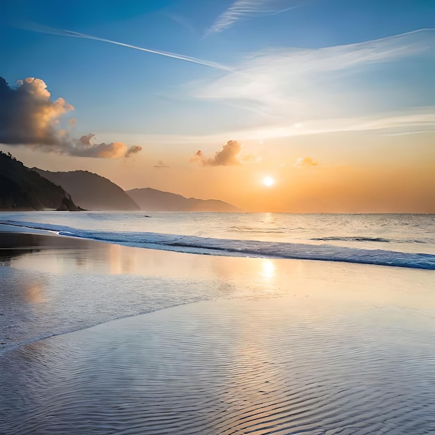 A beach at sunset with the sun setting behind it