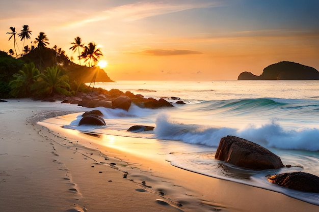 A beach at sunset with a sunset in the background