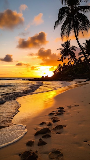 A beach at sunset with a sunset in the background